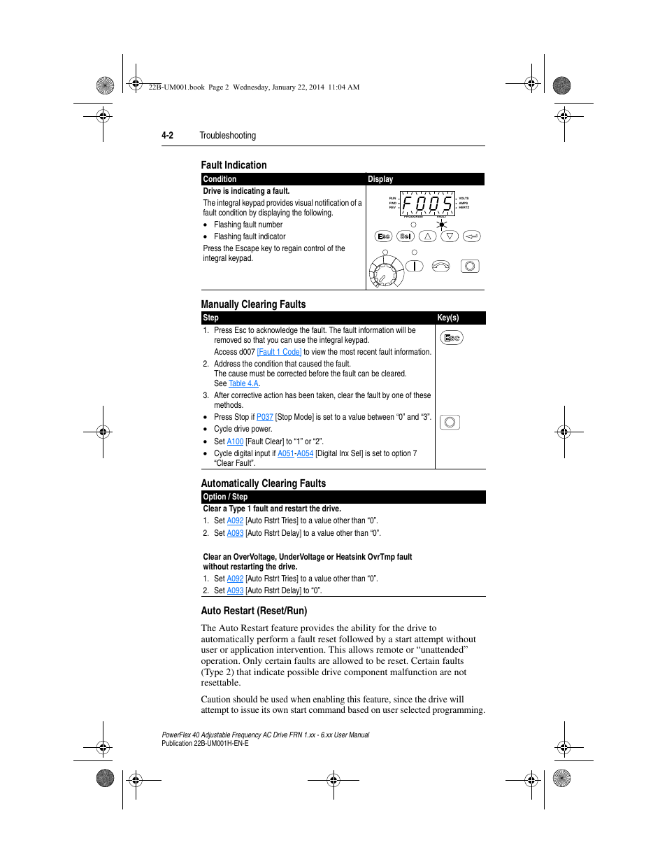 Fault indication, Manually clearing faults, Automatically clearing faults | Auto restart (reset/run) | Rockwell Automation 22B PowerFlex 40 FRN 1.xx - 6.xx User Manual | Page 94 / 160