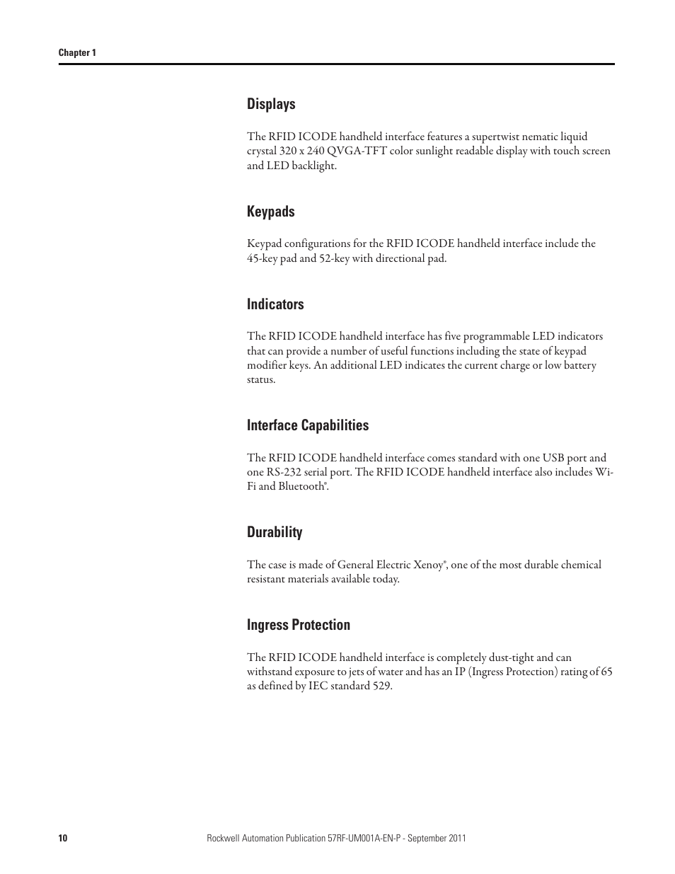 Displays, Keypads, Indicators | Interface capabilities, Durability, Ingress protection | Rockwell Automation 57RF RFID ICODE Handheld Interface User Manual User Manual | Page 10 / 112