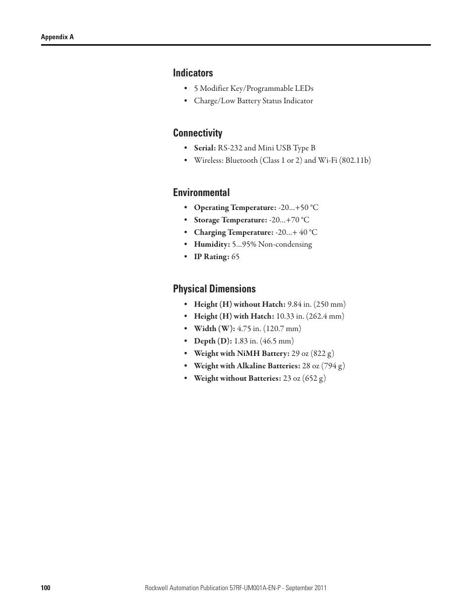 Indicators, Connectivity, Environmental | Physical dimensions | Rockwell Automation 57RF RFID ICODE Handheld Interface User Manual User Manual | Page 100 / 112