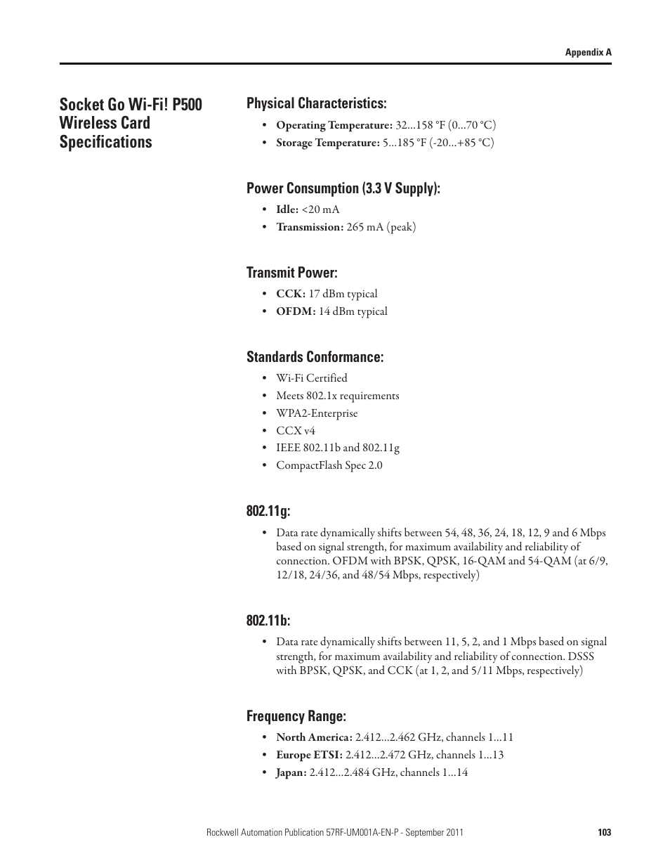 Socket go wi-fi! p500 wireless card specifications, Physical characteristics, Power consumption (3.3 v supply) | Transmit power, Standards conformance, Frequency range | Rockwell Automation 57RF RFID ICODE Handheld Interface User Manual User Manual | Page 103 / 112