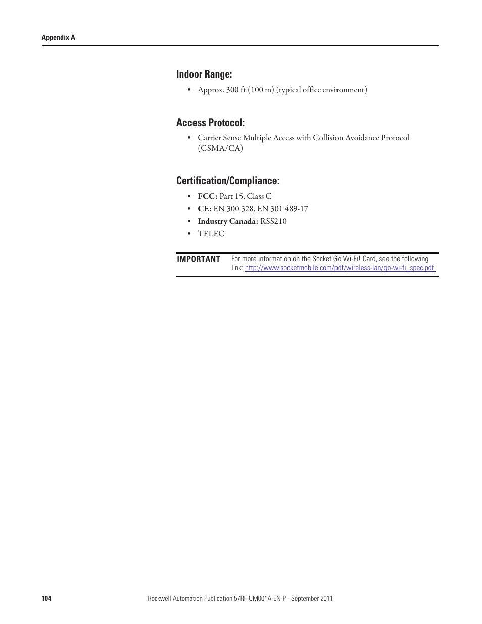 Indoor range, Access protocol, Certification/compliance | Rockwell Automation 57RF RFID ICODE Handheld Interface User Manual User Manual | Page 104 / 112