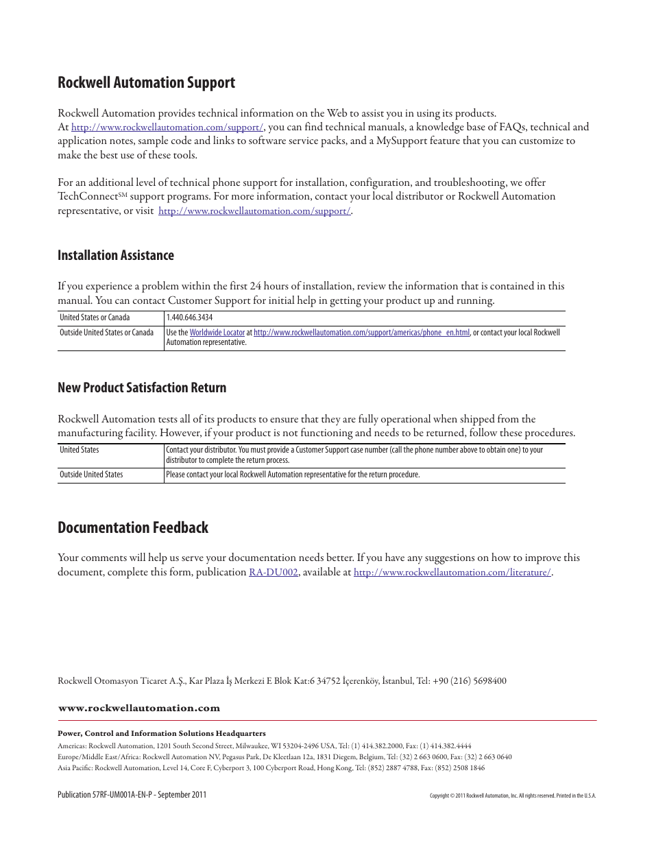 Rockwell automation support, Documentation feedback, Installation assistance | New product satisfaction return | Rockwell Automation 57RF RFID ICODE Handheld Interface User Manual User Manual | Page 112 / 112