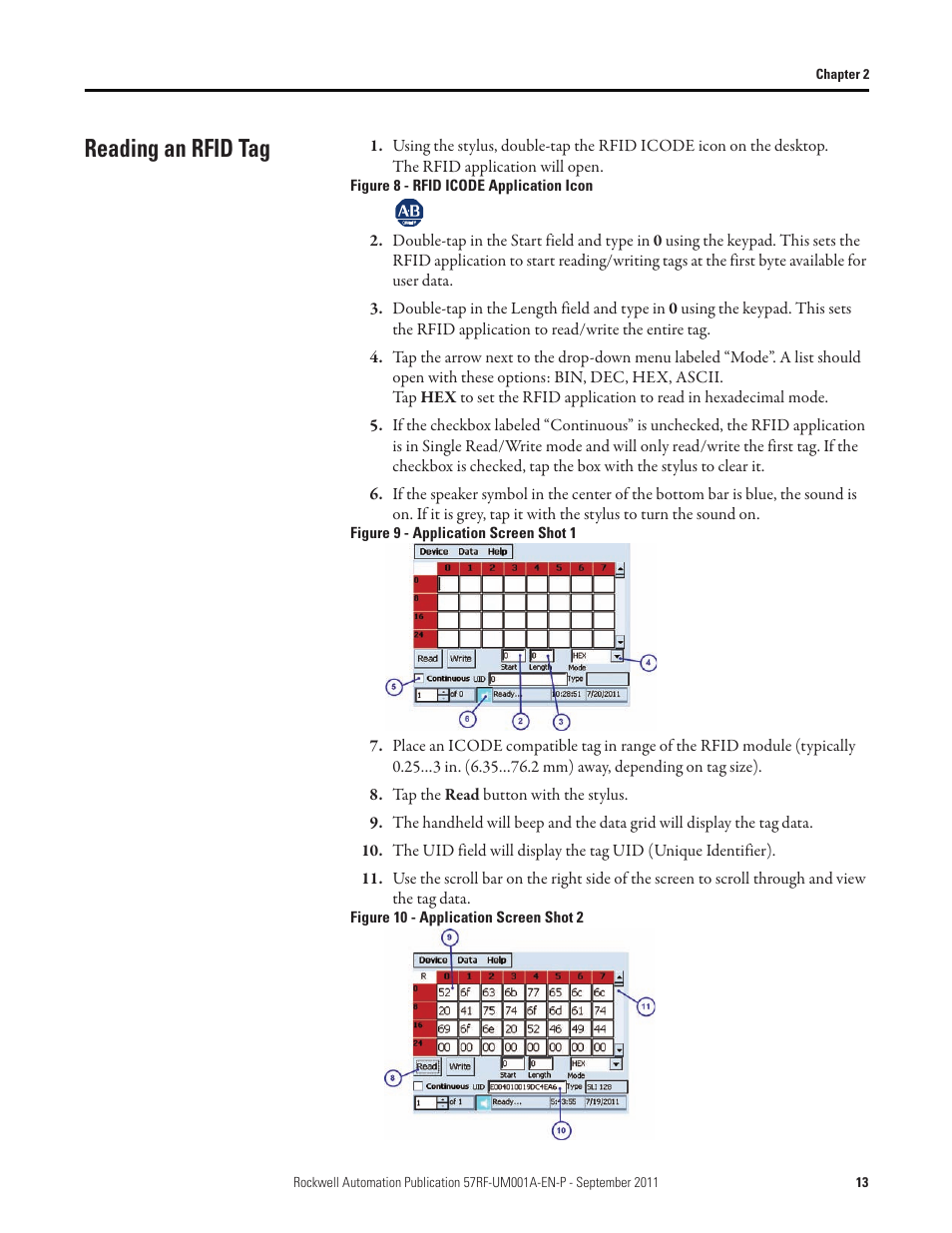 Reading an rfid tag | Rockwell Automation 57RF RFID ICODE Handheld Interface User Manual User Manual | Page 13 / 112
