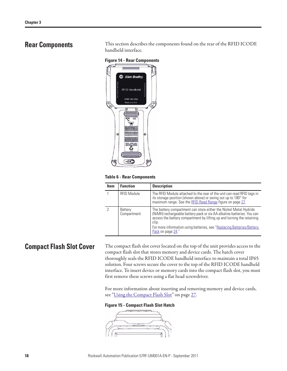 Rear components, Compact flash slot cover, Rear components compact flash slot cover | Rockwell Automation 57RF RFID ICODE Handheld Interface User Manual User Manual | Page 18 / 112