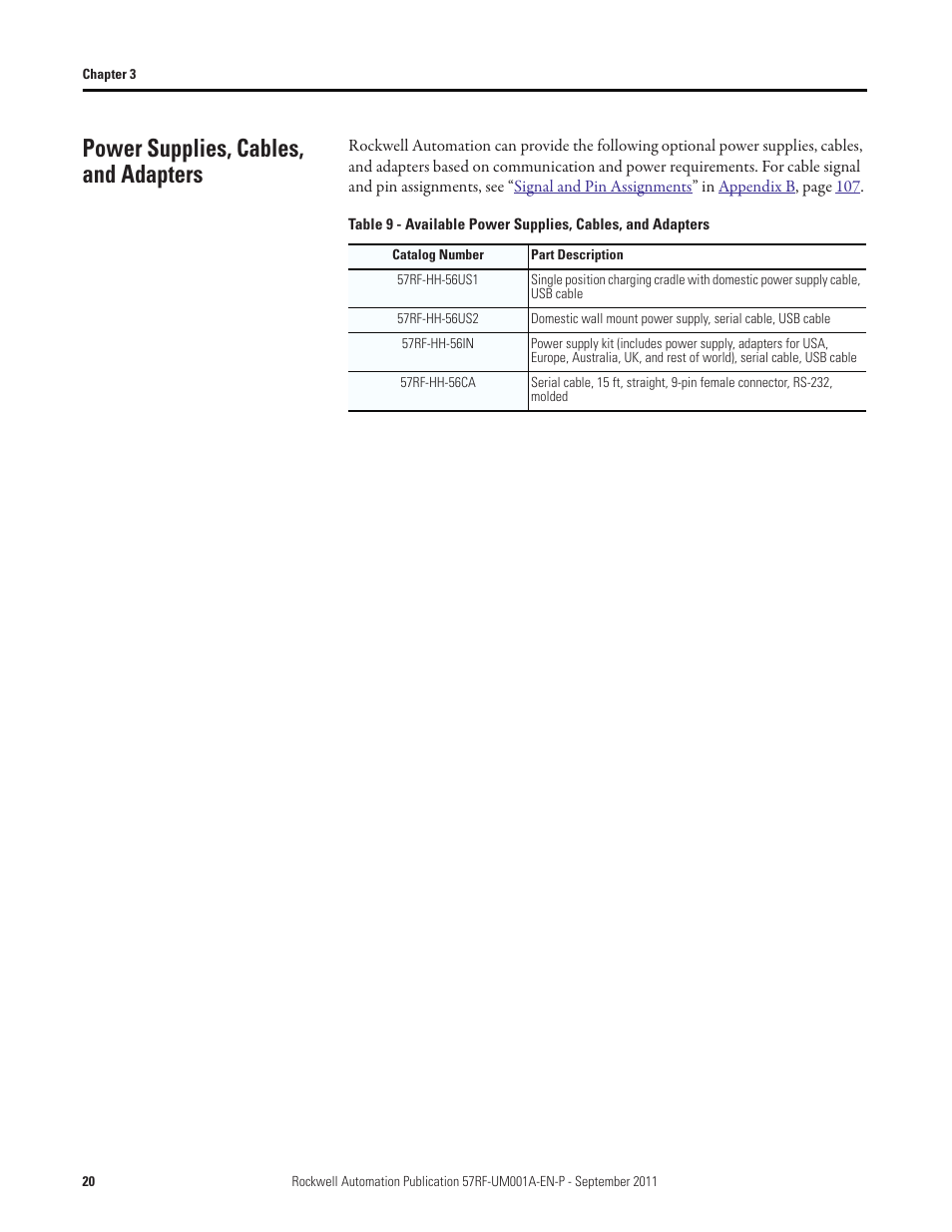 Power supplies, cables, and adapters | Rockwell Automation 57RF RFID ICODE Handheld Interface User Manual User Manual | Page 20 / 112