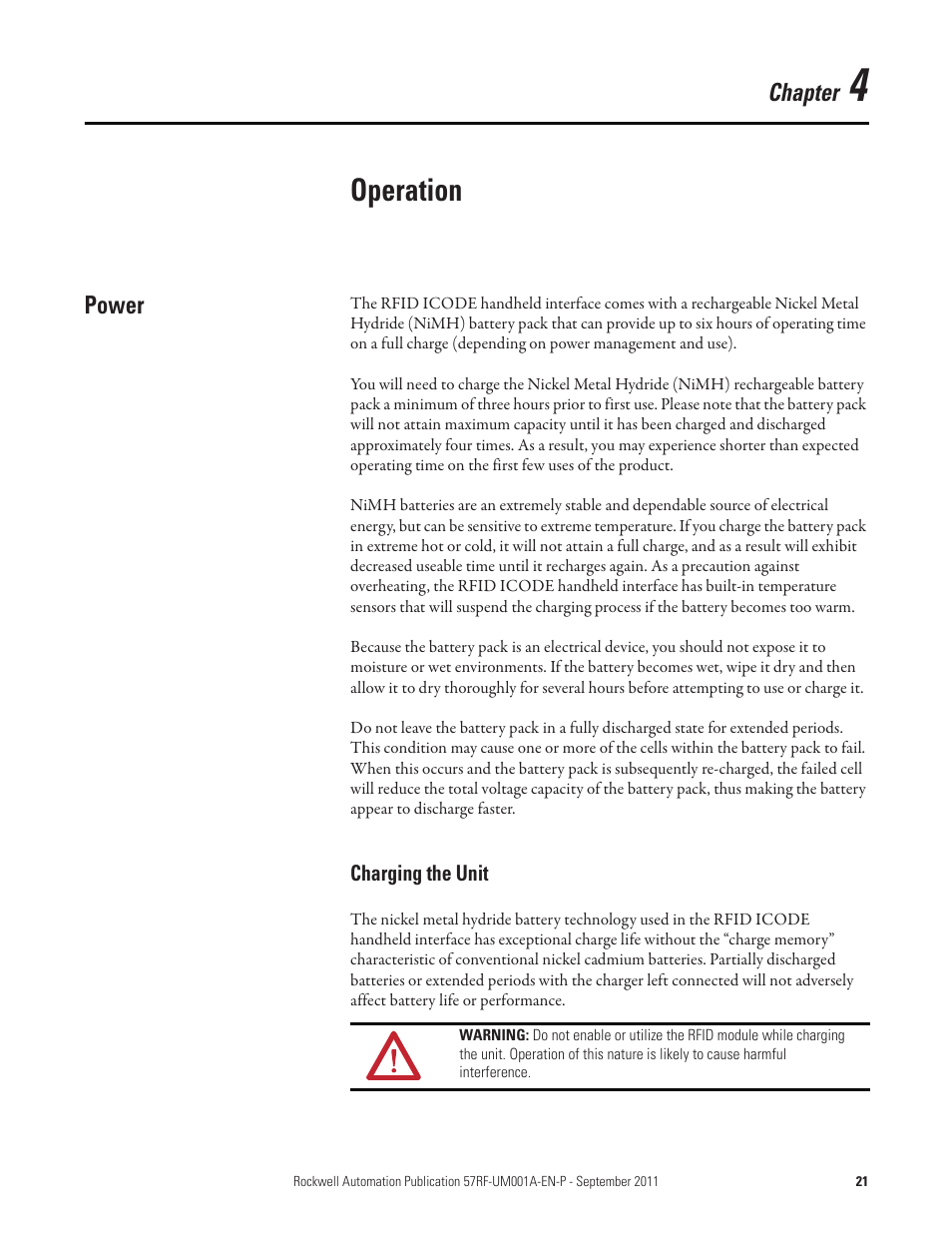 Chapter 4, Operation, Power | Charging the unit | Rockwell Automation 57RF RFID ICODE Handheld Interface User Manual User Manual | Page 21 / 112