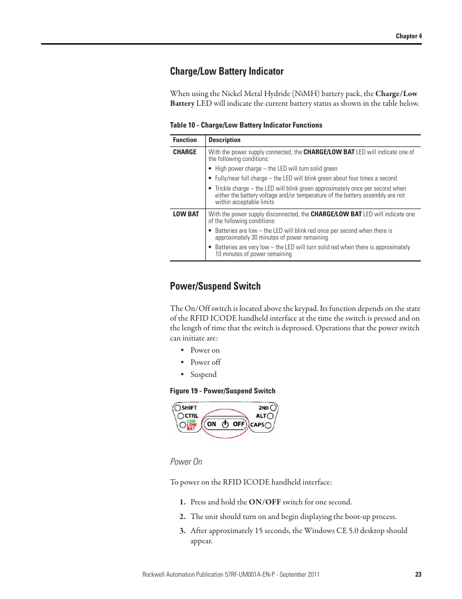 Charge/low battery indicator, Power/suspend switch, Charge/low battery indicator power/suspend switch | Charge/low battery indicator functions | Rockwell Automation 57RF RFID ICODE Handheld Interface User Manual User Manual | Page 23 / 112