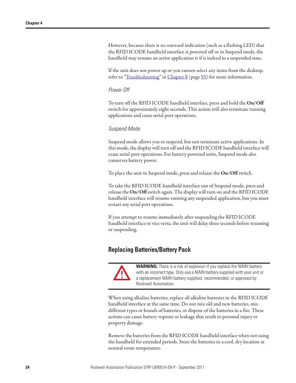 Replacing batteries/battery pack, Replacing batteries/battery, Pack | Rockwell Automation 57RF RFID ICODE Handheld Interface User Manual User Manual | Page 24 / 112