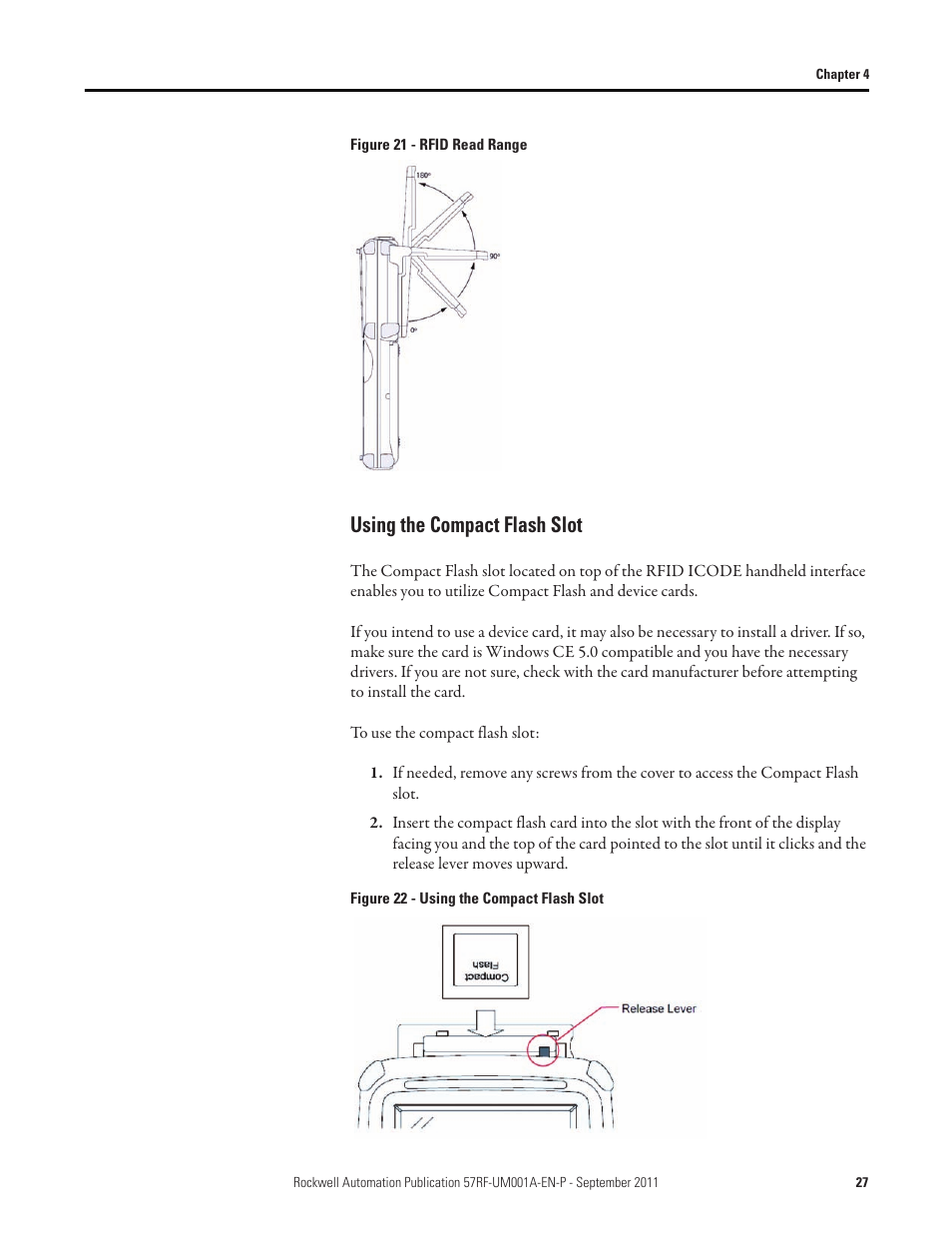 Using the compact flash slot, Rfid read range | Rockwell Automation 57RF RFID ICODE Handheld Interface User Manual User Manual | Page 27 / 112