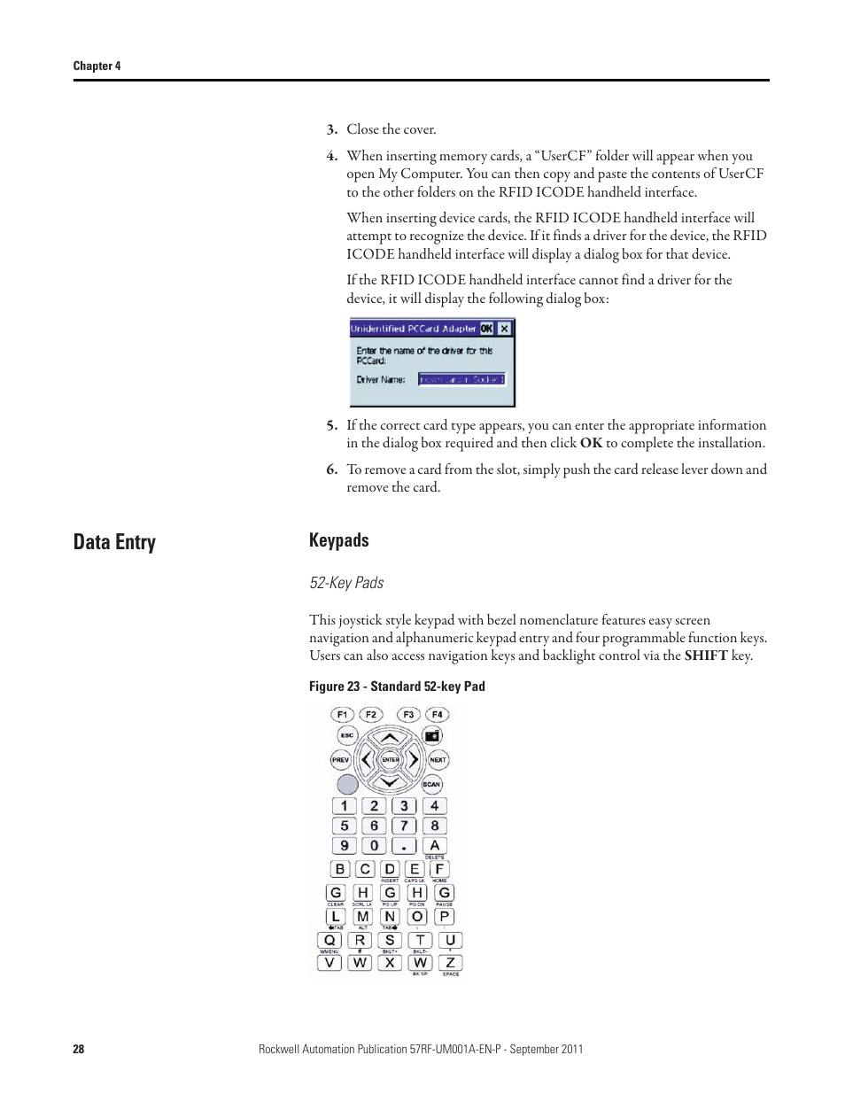 Data entry, Keypads | Rockwell Automation 57RF RFID ICODE Handheld Interface User Manual User Manual | Page 28 / 112