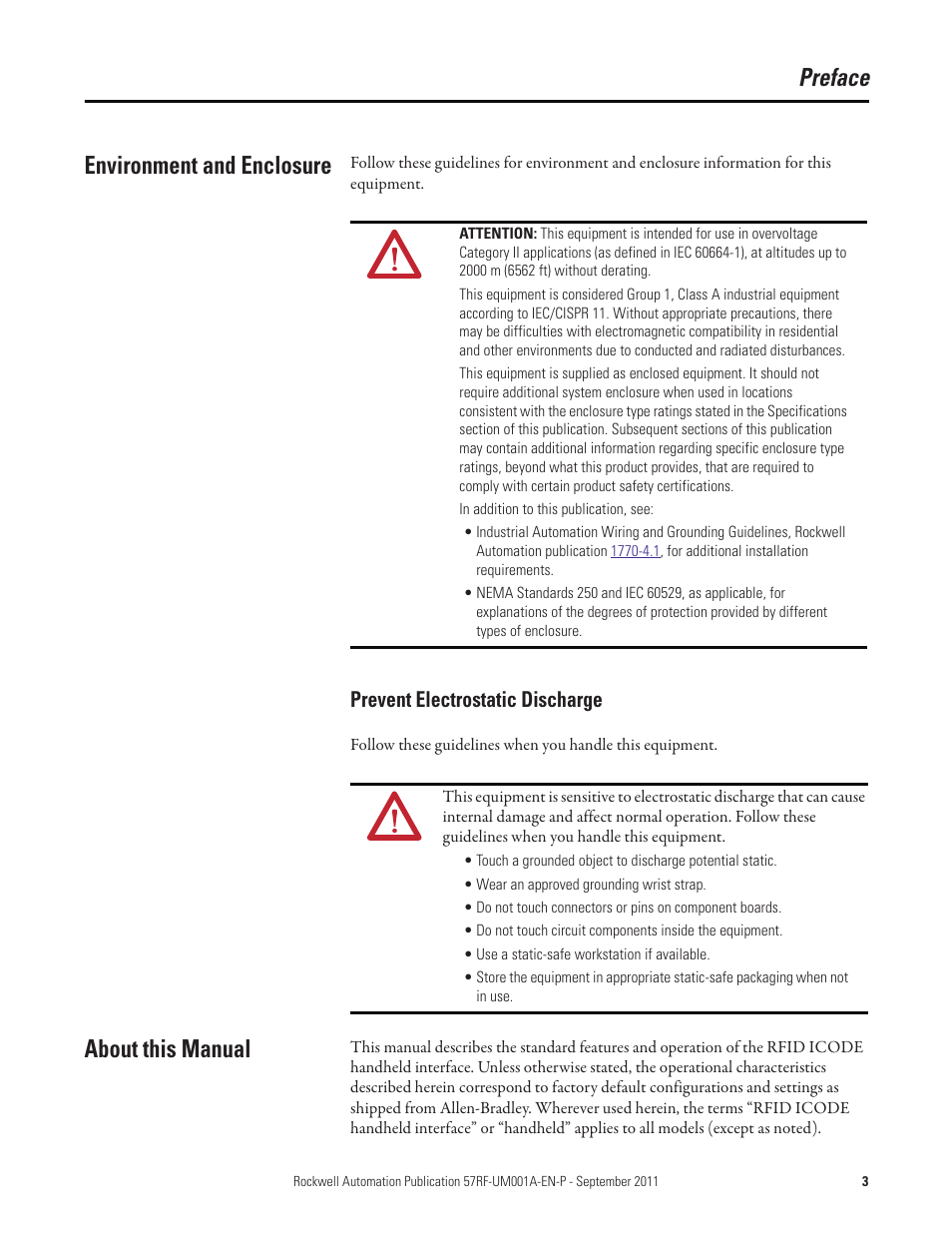 Preface, Environment and enclosure, Prevent electrostatic discharge | About this manual, Preface environment and enclosure | Rockwell Automation 57RF RFID ICODE Handheld Interface User Manual User Manual | Page 3 / 112