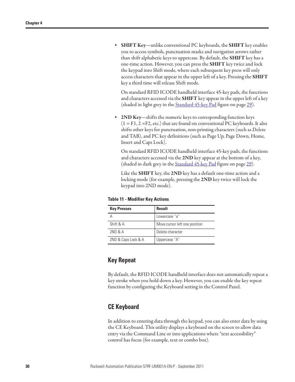 Key repeat, Ce keyboard, Modifier key actions | Rockwell Automation 57RF RFID ICODE Handheld Interface User Manual User Manual | Page 30 / 112