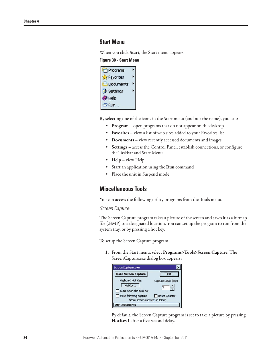 Start menu, Miscellaneous tools, Start menu miscellaneous tools | Rockwell Automation 57RF RFID ICODE Handheld Interface User Manual User Manual | Page 34 / 112