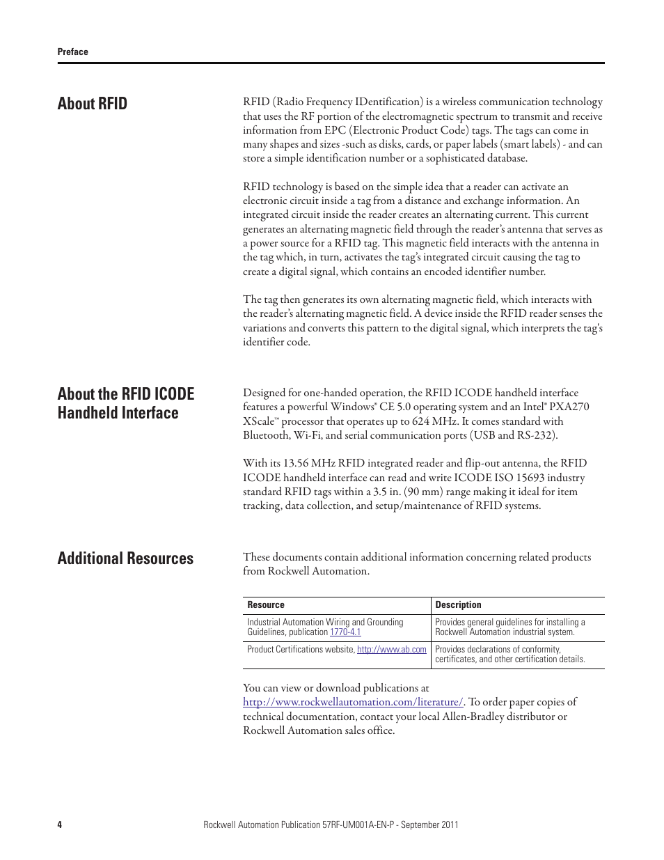 About rfid, About the rfid icode handheld interface, Additional resources | Rockwell Automation 57RF RFID ICODE Handheld Interface User Manual User Manual | Page 4 / 112