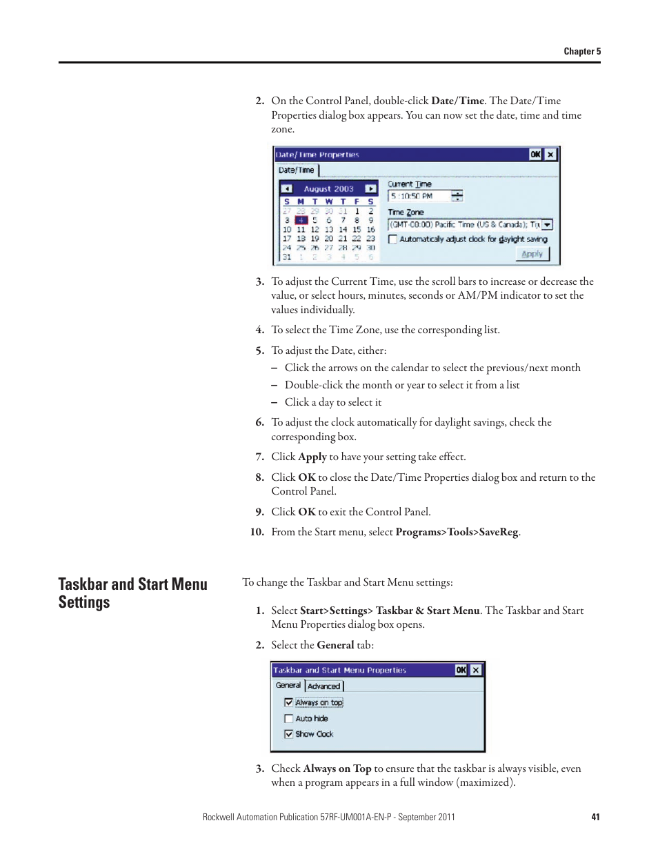 Taskbar and start menu settings | Rockwell Automation 57RF RFID ICODE Handheld Interface User Manual User Manual | Page 41 / 112