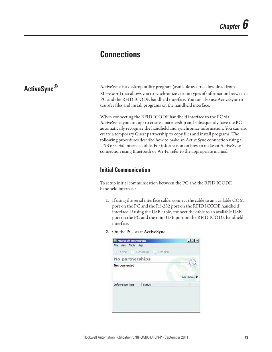 Chapter 6, Connections, Activesync | Initial communication, Chapter | Rockwell Automation 57RF RFID ICODE Handheld Interface User Manual User Manual | Page 43 / 112