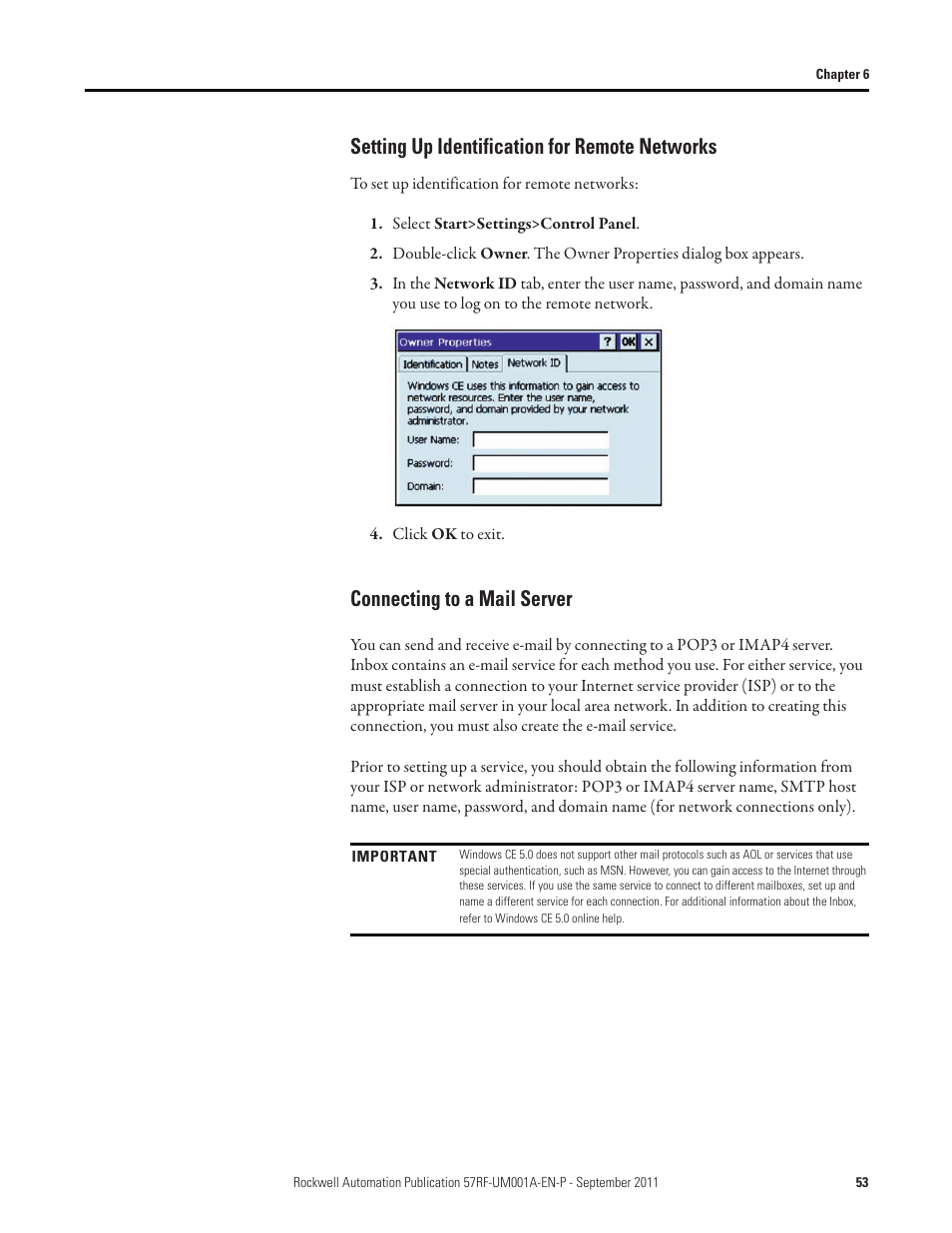 Setting up identification for remote networks, Connecting to a mail server | Rockwell Automation 57RF RFID ICODE Handheld Interface User Manual User Manual | Page 53 / 112