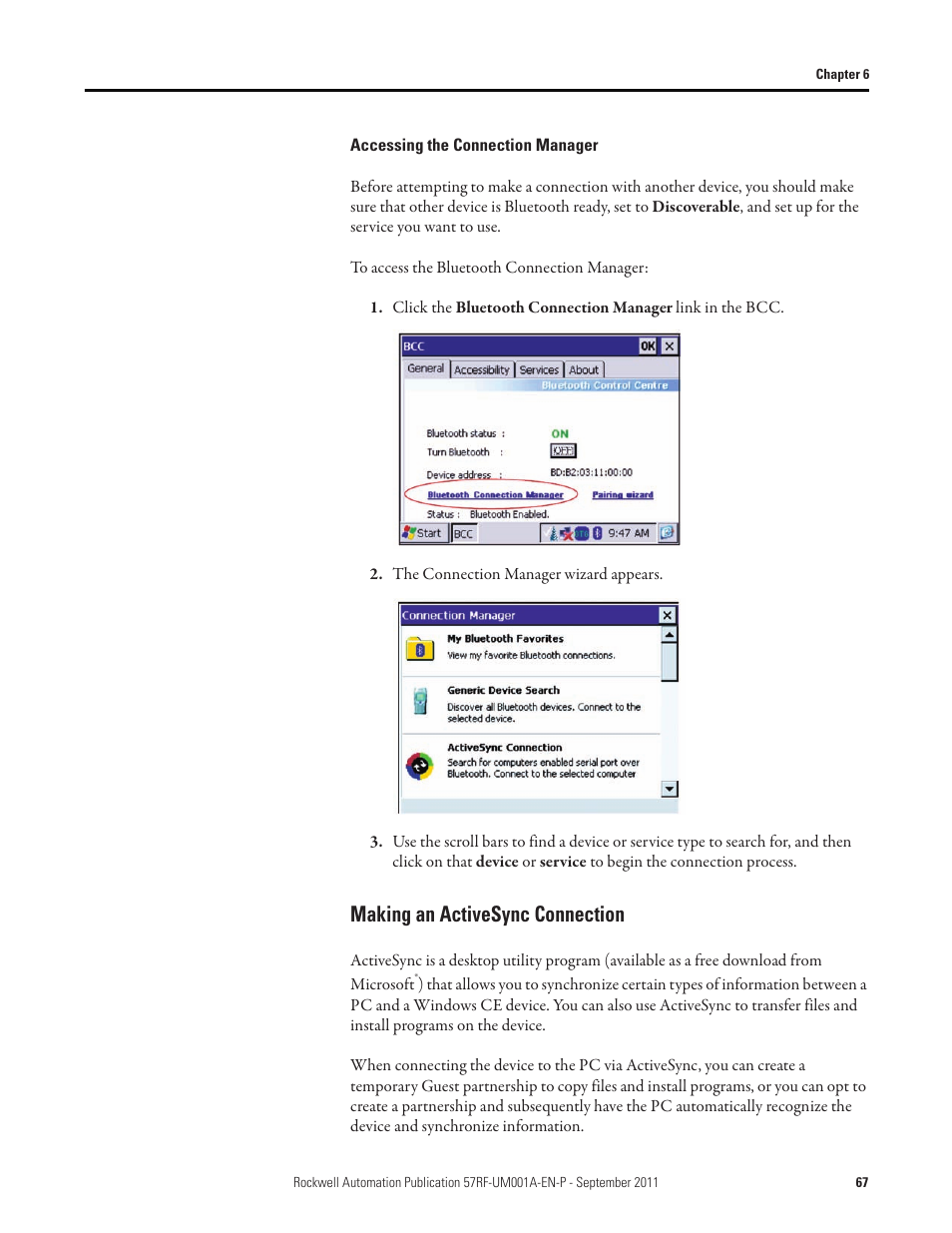 Making an activesync connection | Rockwell Automation 57RF RFID ICODE Handheld Interface User Manual User Manual | Page 67 / 112