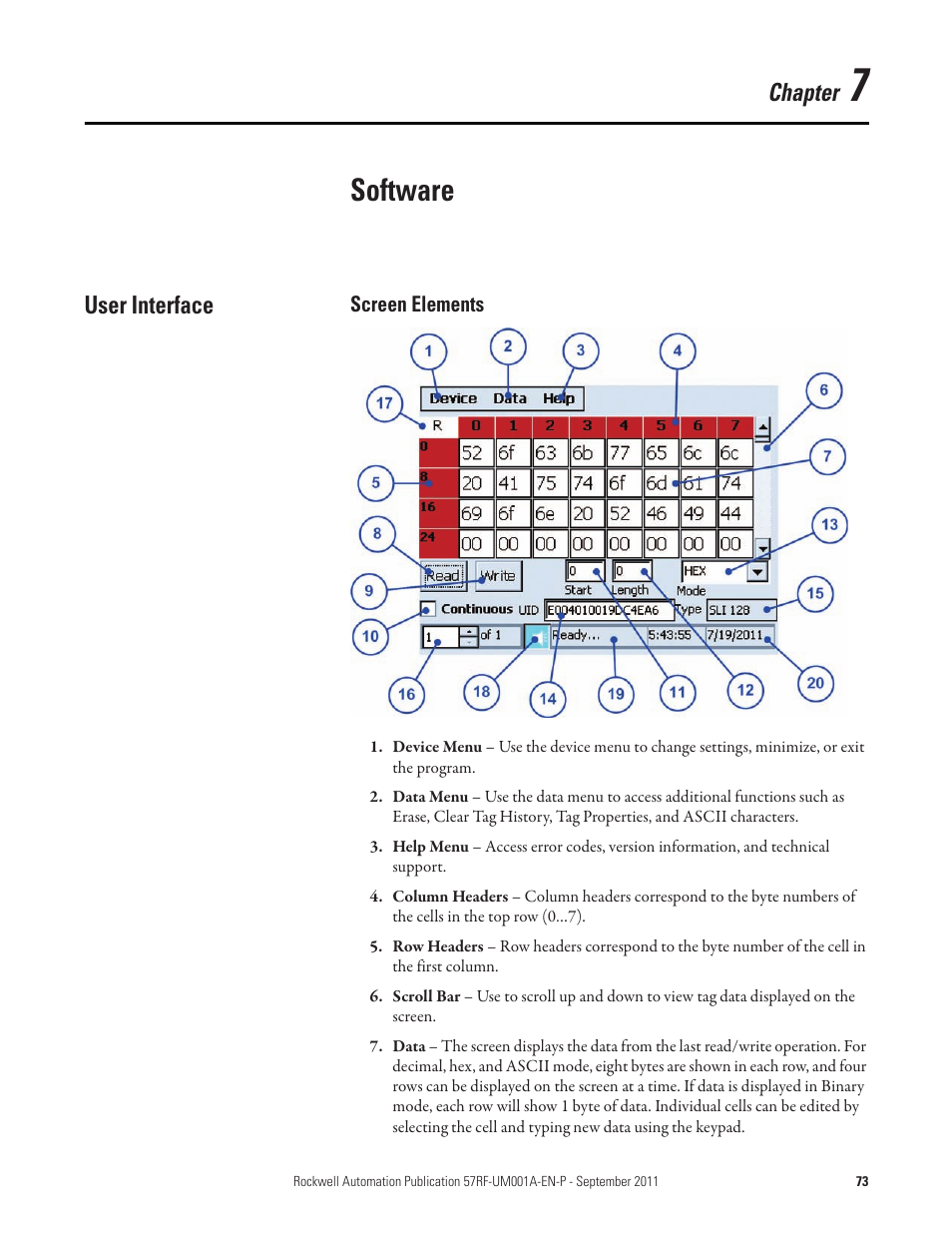 Chapter 7, Software, User interface | Screen elements, Chapter | Rockwell Automation 57RF RFID ICODE Handheld Interface User Manual User Manual | Page 73 / 112