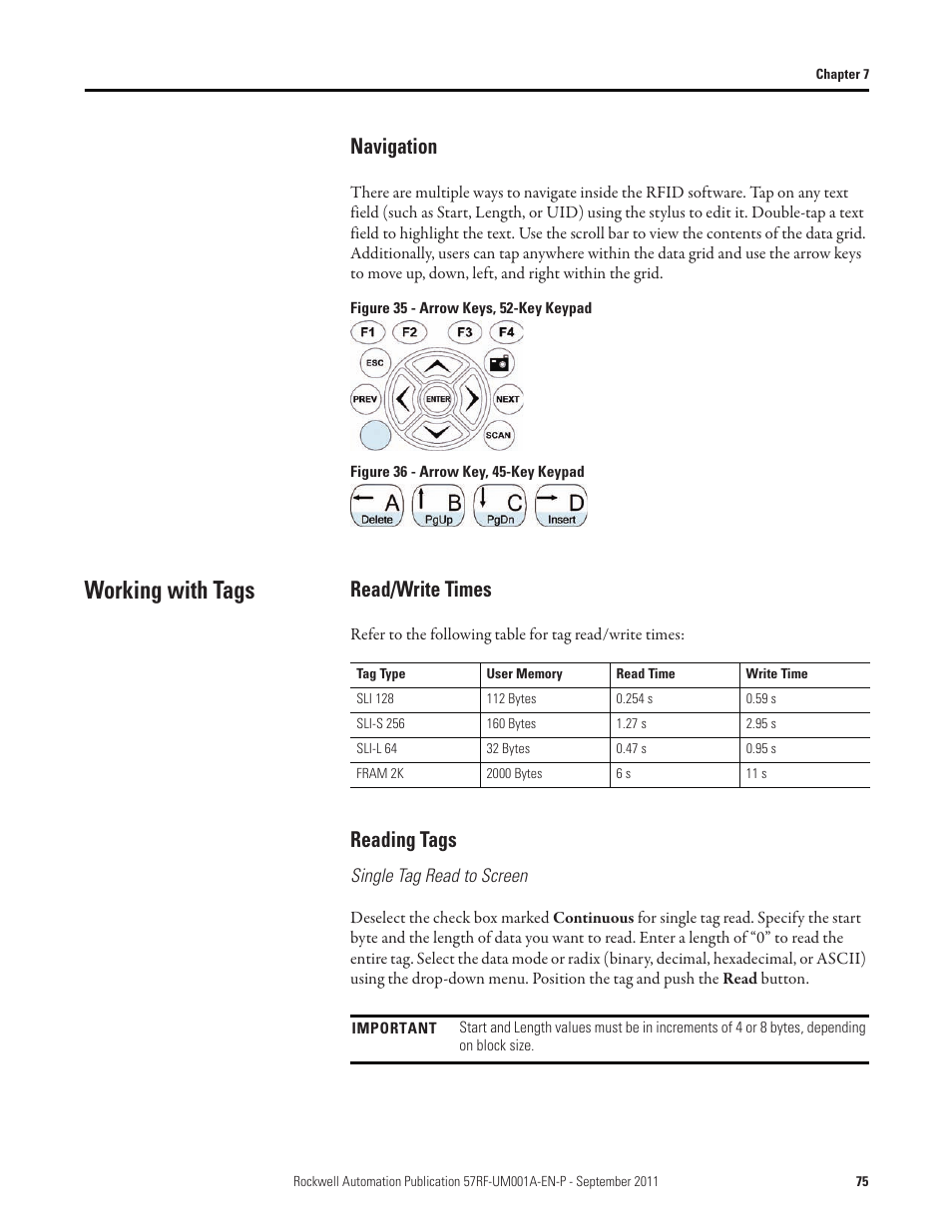 Navigation, Working with tags, Read/write times | Reading tags, Read/write times reading tags | Rockwell Automation 57RF RFID ICODE Handheld Interface User Manual User Manual | Page 75 / 112