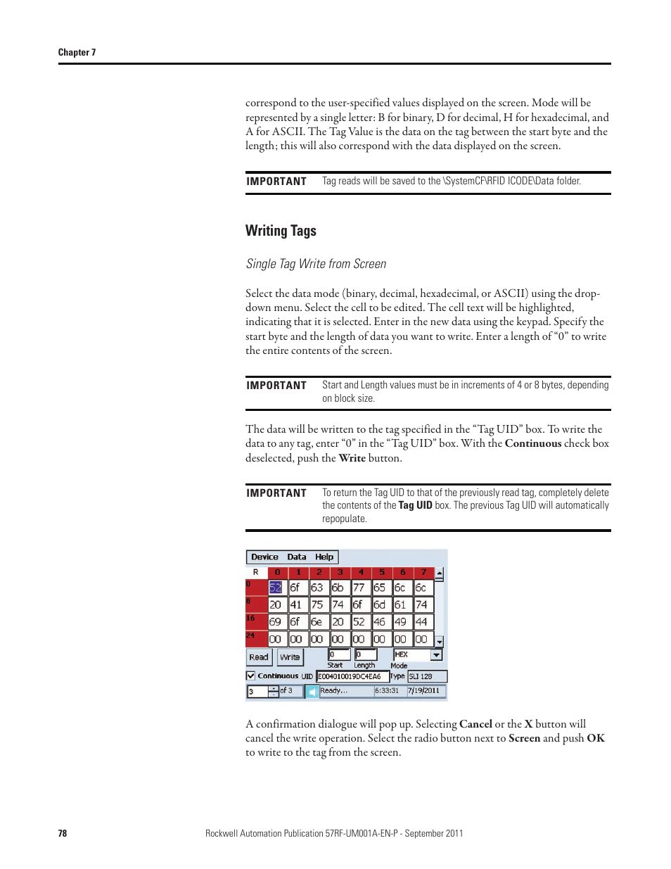 Writing tags | Rockwell Automation 57RF RFID ICODE Handheld Interface User Manual User Manual | Page 78 / 112