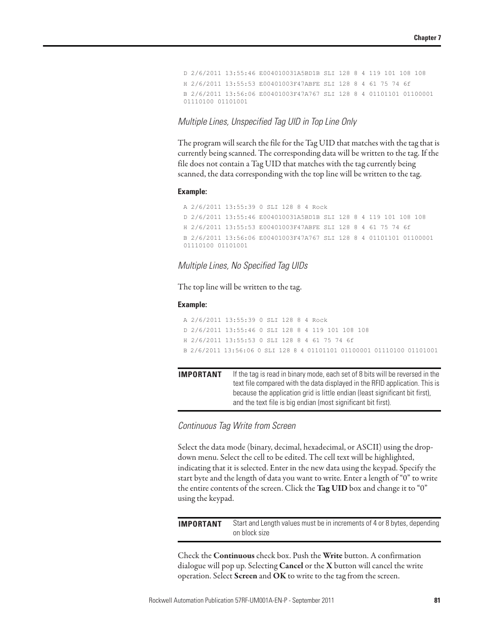 Multiple lines, no specified tag uids, Continuous tag write from screen | Rockwell Automation 57RF RFID ICODE Handheld Interface User Manual User Manual | Page 81 / 112
