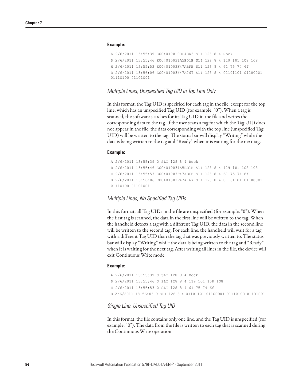 Multiple lines, no specified tag uids, Single line, unspecified tag uid | Rockwell Automation 57RF RFID ICODE Handheld Interface User Manual User Manual | Page 84 / 112