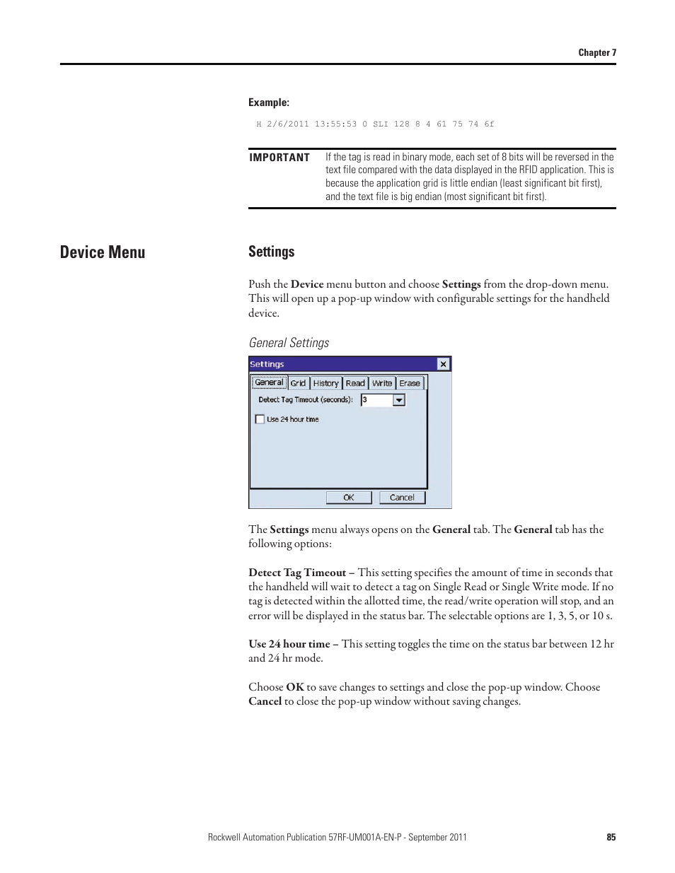 Device menu, Settings | Rockwell Automation 57RF RFID ICODE Handheld Interface User Manual User Manual | Page 85 / 112