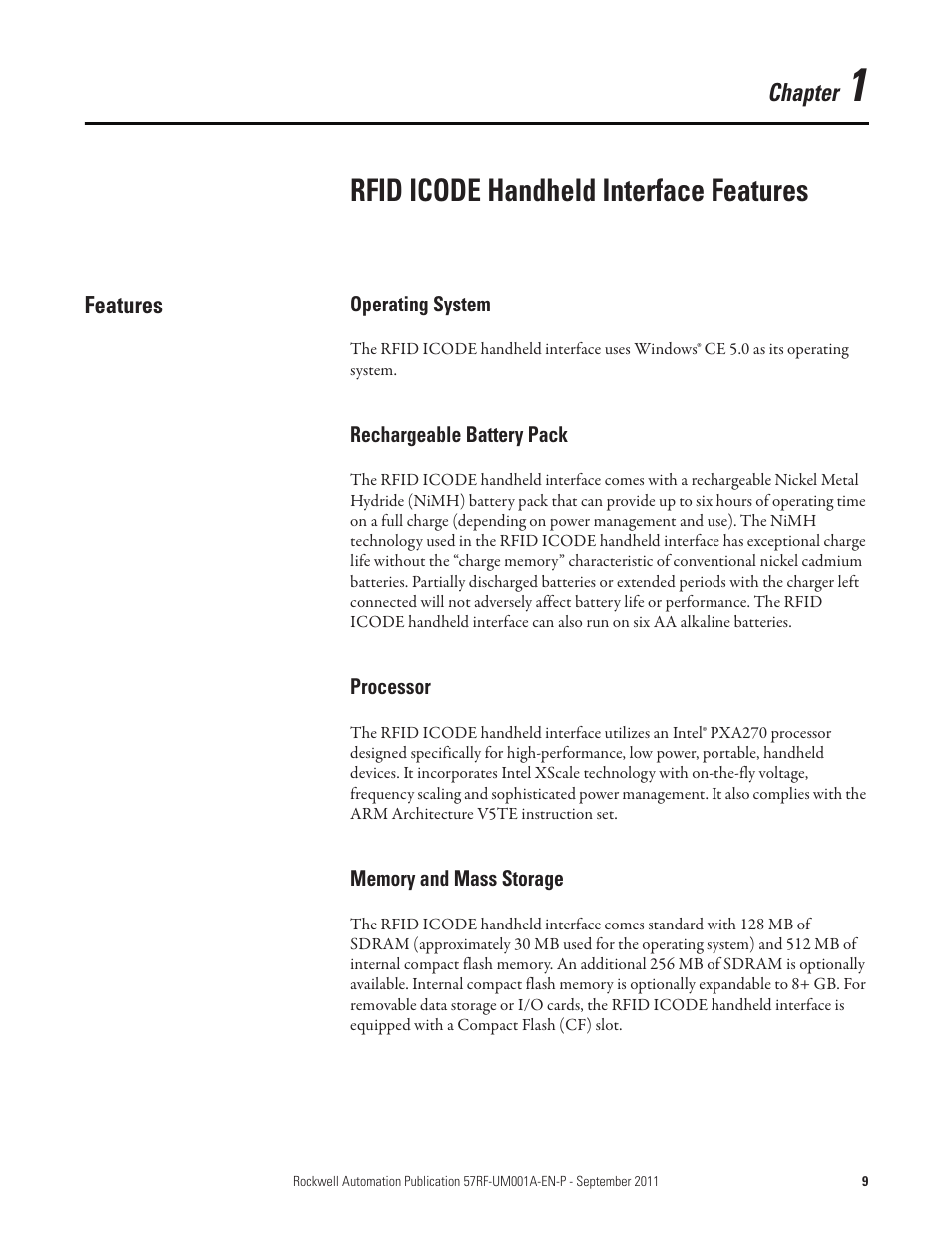 Chapter 1, Rfid icode handheld interface features, Features | Operating system, Rechargeable battery pack, Processor, Memory and mass storage | Rockwell Automation 57RF RFID ICODE Handheld Interface User Manual User Manual | Page 9 / 112
