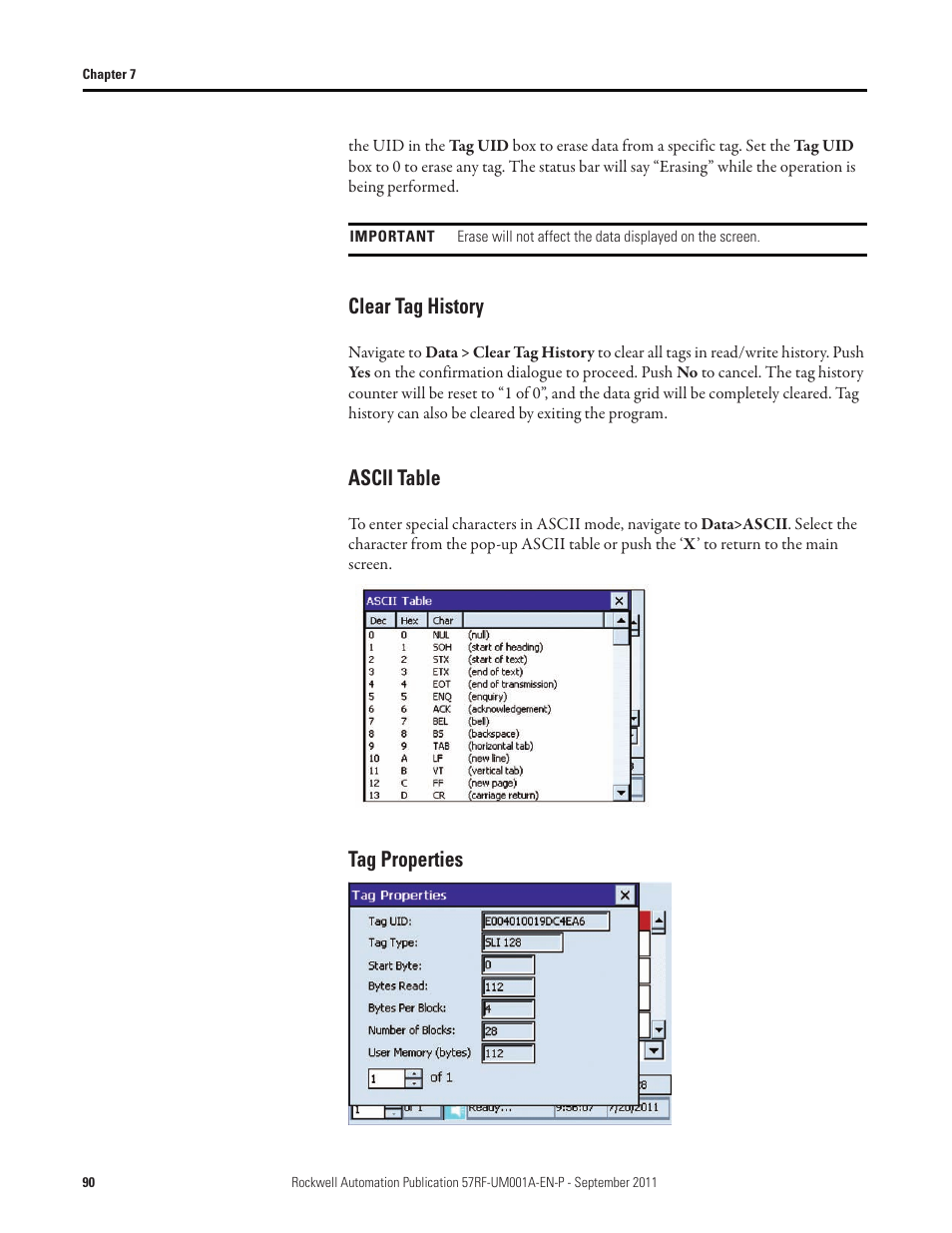 Clear tag history, Ascii table, Tag properties | Clear tag history ascii table tag properties | Rockwell Automation 57RF RFID ICODE Handheld Interface User Manual User Manual | Page 90 / 112