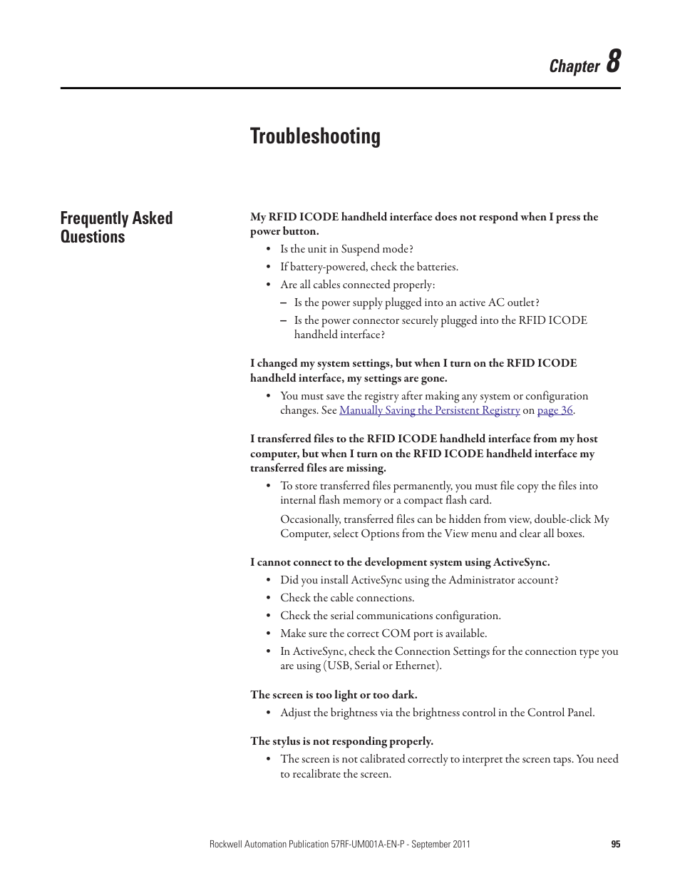 Chapter 8, Troubleshooting, Frequently asked questions | Chapter | Rockwell Automation 57RF RFID ICODE Handheld Interface User Manual User Manual | Page 95 / 112