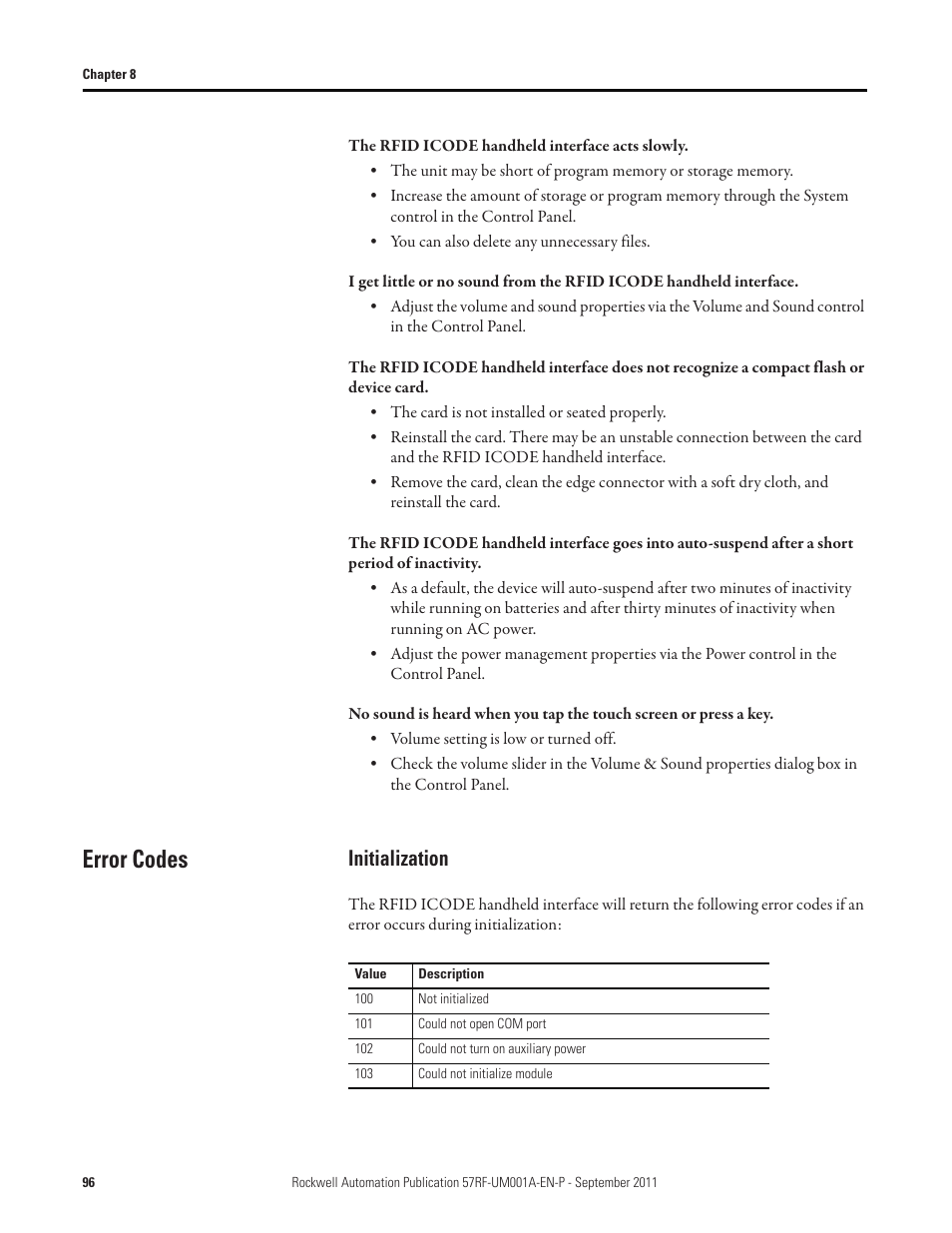 Error codes, Initialization | Rockwell Automation 57RF RFID ICODE Handheld Interface User Manual User Manual | Page 96 / 112