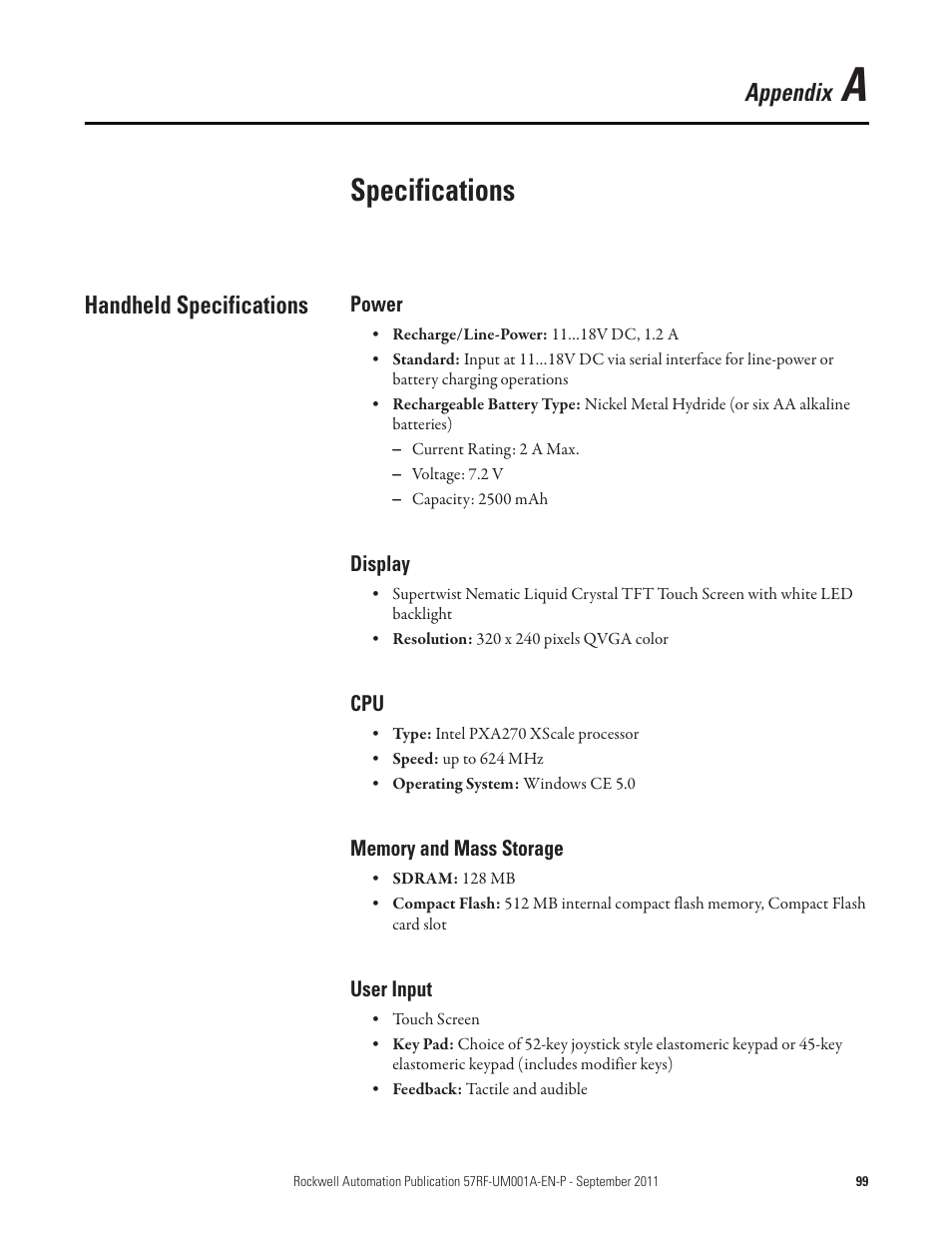 Appendix a, Specifications, Handheld specifications | Power, Display, Memory and mass storage, User input, Appendix | Rockwell Automation 57RF RFID ICODE Handheld Interface User Manual User Manual | Page 99 / 112