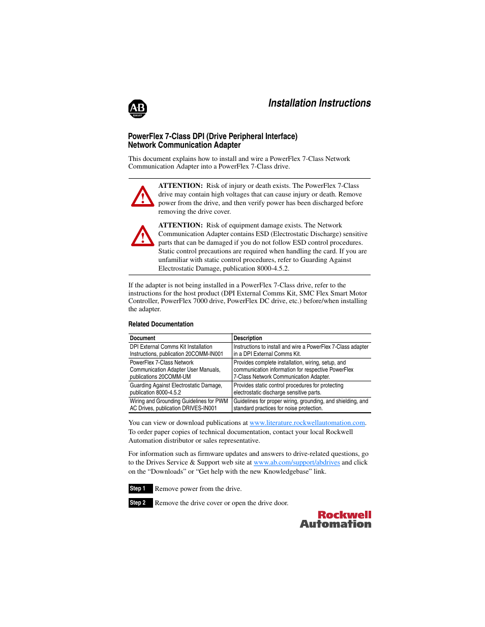 Rockwell Automation 20-COMM PowerFlex 7-Class DPI (Drive Peripheral Interface) Network Communication Adapter User Manual | 4 pages