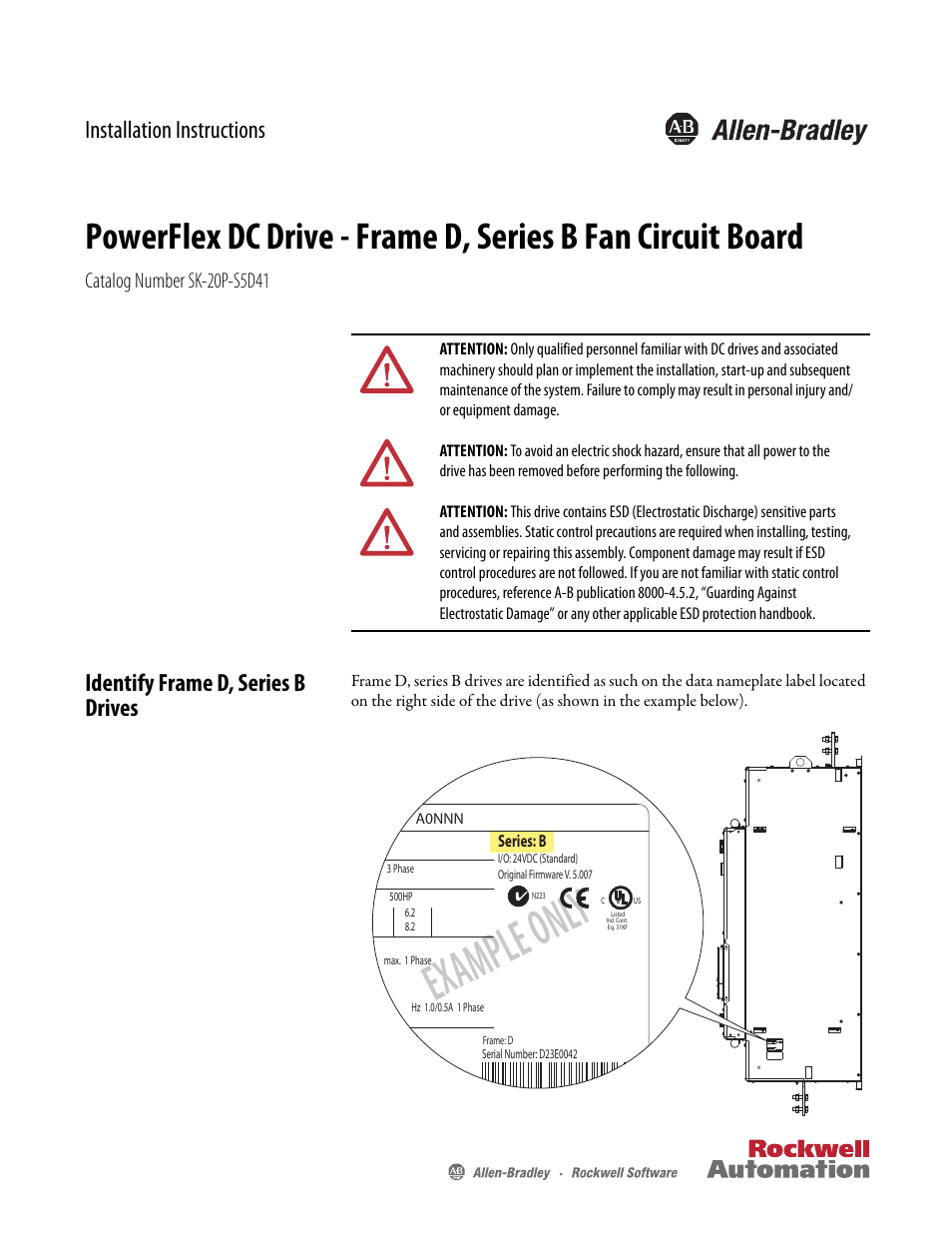 Rockwell Automation 20P PowerFlex DC Drive - Frame D, Series B Fan Circuit Board User Manual | 6 pages
