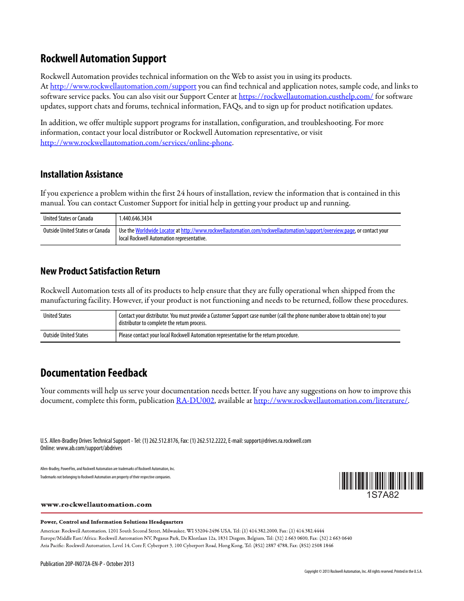 Rockwell automation support, Documentation feedback, Installation assistance | New product satisfaction return | Rockwell Automation 20P PowerFlex DC Drive - Frame D, Series B Fan Circuit Board User Manual | Page 6 / 6