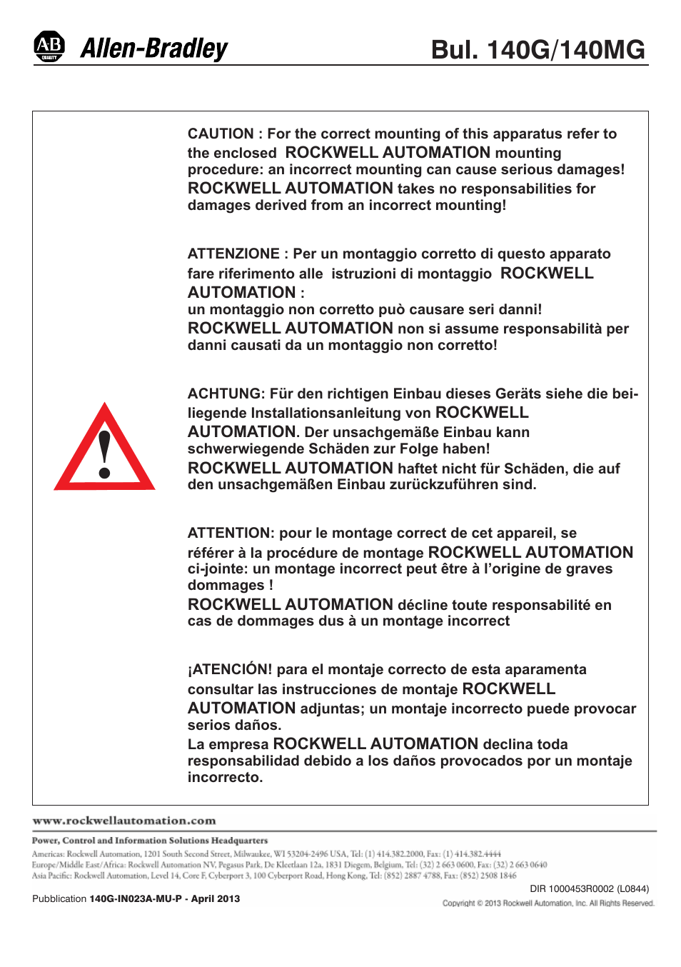 Rockwell Automation 140G_MG- General Warning for Trip Units User Manual | 1 page