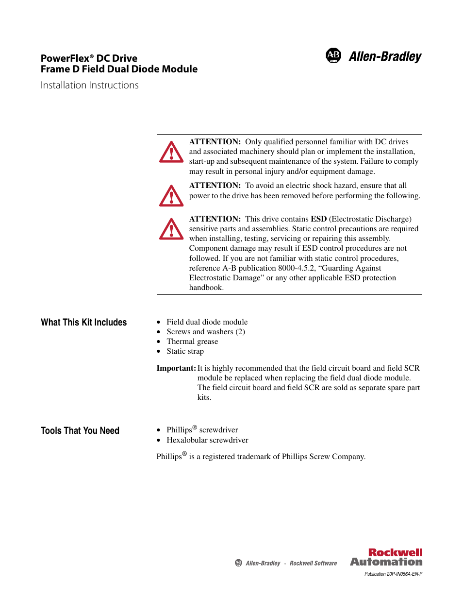 Rockwell Automation 20P PowerFlex DC Drive - Frame D Field Dual Diode Module User Manual | 8 pages