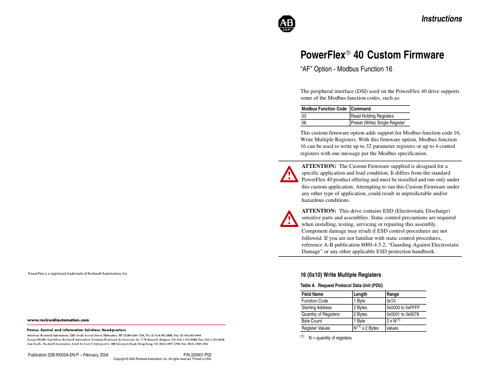 Powerflex, 40 custom firmware, Instructions | Af” option - modbus function 16 | Rockwell Automation 22B PowerFlex 40 Custom Firmware Inst. - Option AF User Manual | Page 4 / 4