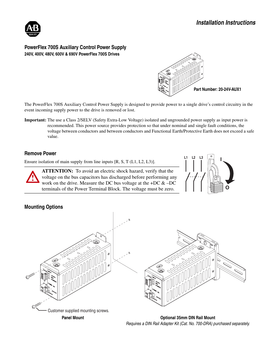 Rockwell Automation 20D PowerFlex 700S Auxiliary Control Power Supply User Manual | 4 pages