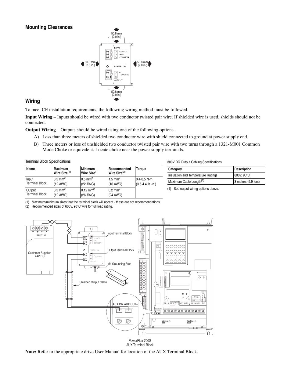 Mounting clearances wiring, Terminal block specifications | Rockwell Automation 20D PowerFlex 700S Auxiliary Control Power Supply User Manual | Page 2 / 4