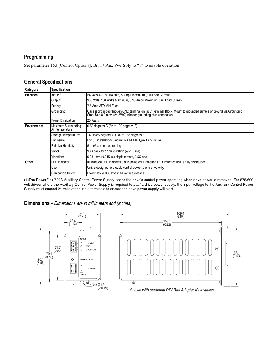 Programming, General specifications dimensions, Dimensions are in millimeters and (inches) | Rockwell Automation 20D PowerFlex 700S Auxiliary Control Power Supply User Manual | Page 3 / 4