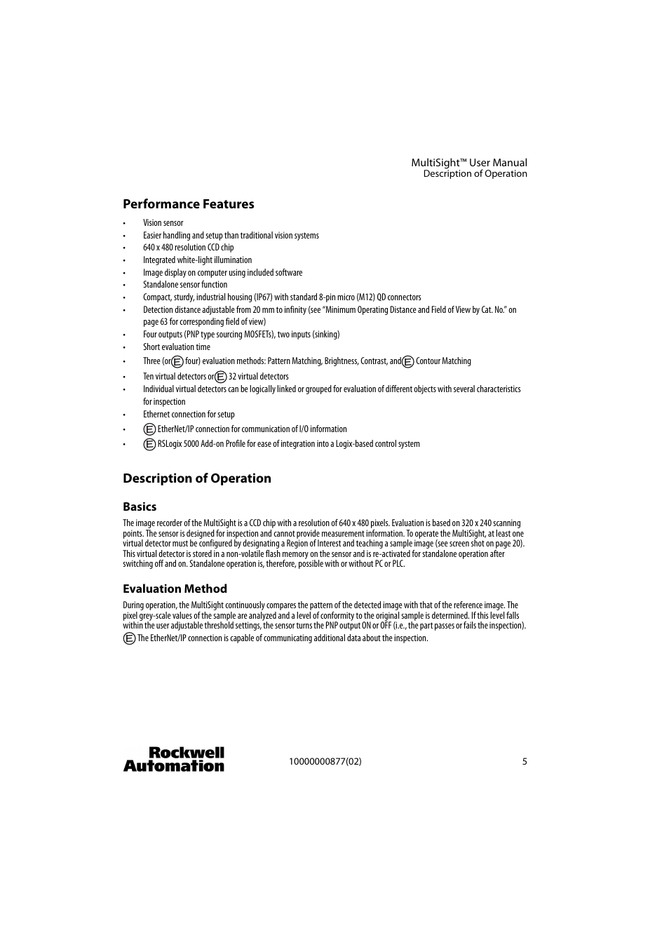 Performance features, Description of operation | Rockwell Automation 48MS MultiSight Vision Sensor User Manual | Page 5 / 76