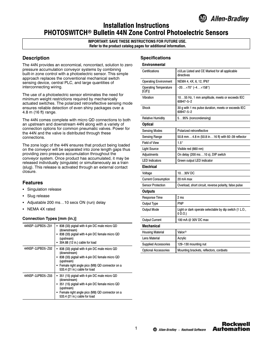 Rockwell Automation 44N Zone Control Photoelectric Sensors User Manual | 4 pages