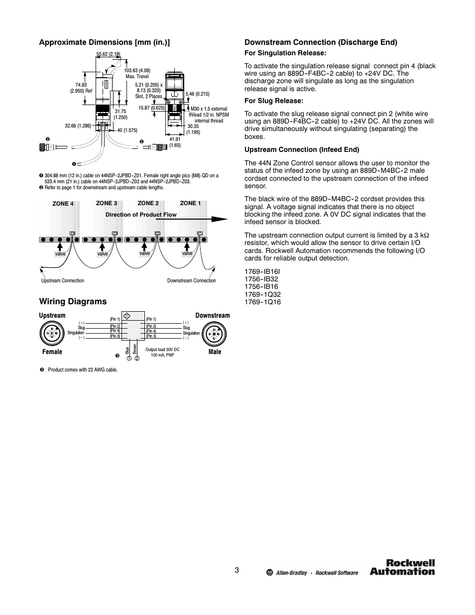 Wiring diagrams, 3approximate dimensions [mm (in.), Downstream connection (discharge end) | Female, Male, Upstream downstream | Rockwell Automation 44N Zone Control Photoelectric Sensors User Manual | Page 3 / 4