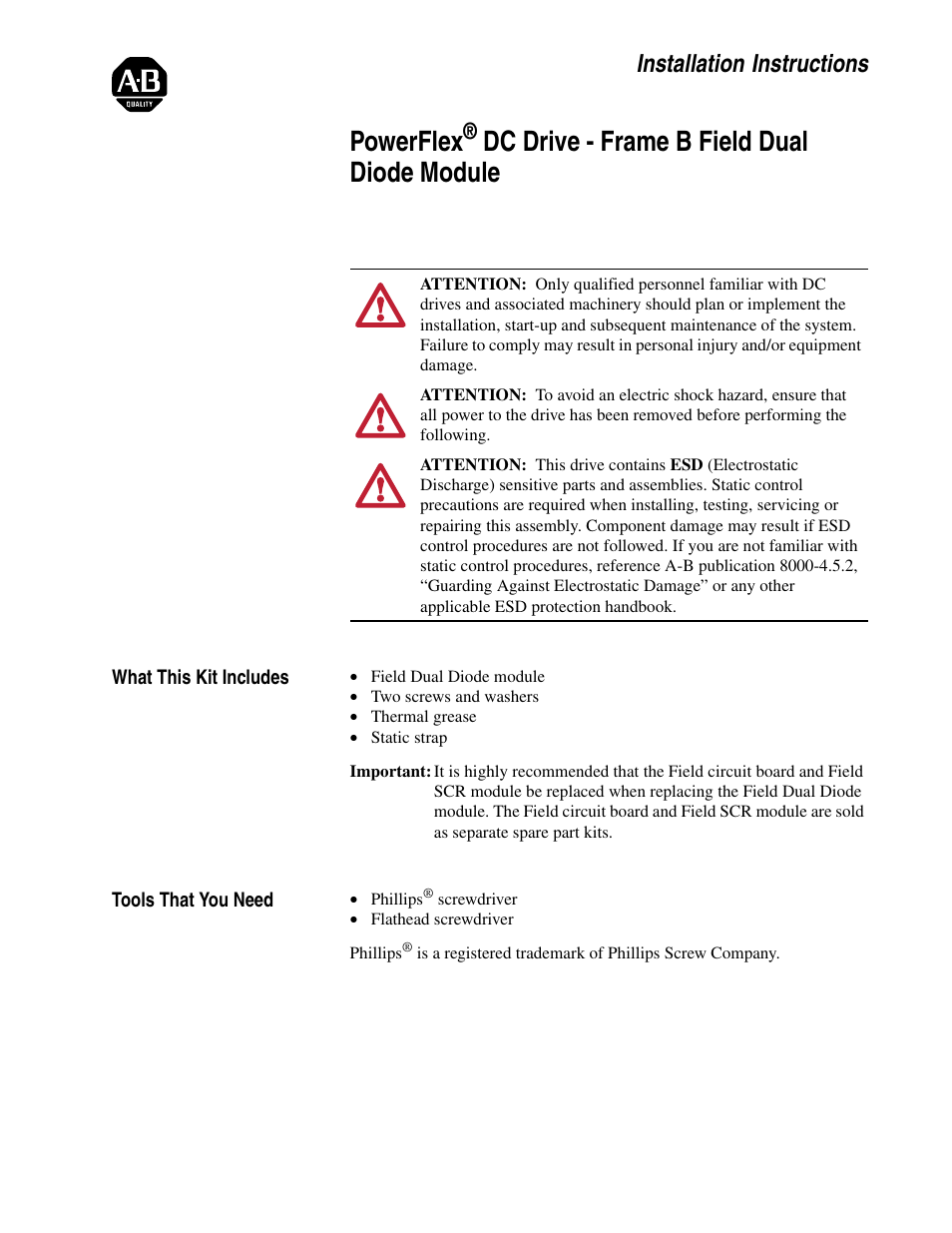 Rockwell Automation 20P PowerFlex DC Drive - Frame B Field Dual Diode Module User Manual | 14 pages