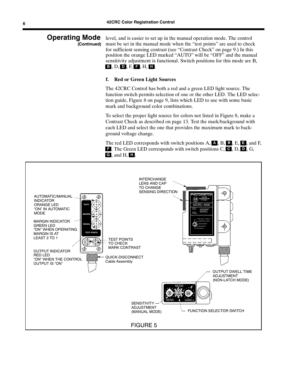 Operating mode, Figure 5, And f | The green led corresponds with switch positions c, And h, 642crc color registration control, Continued) | Rockwell Automation 42CRC Color Registration Control User Manual | Page 8 / 24
