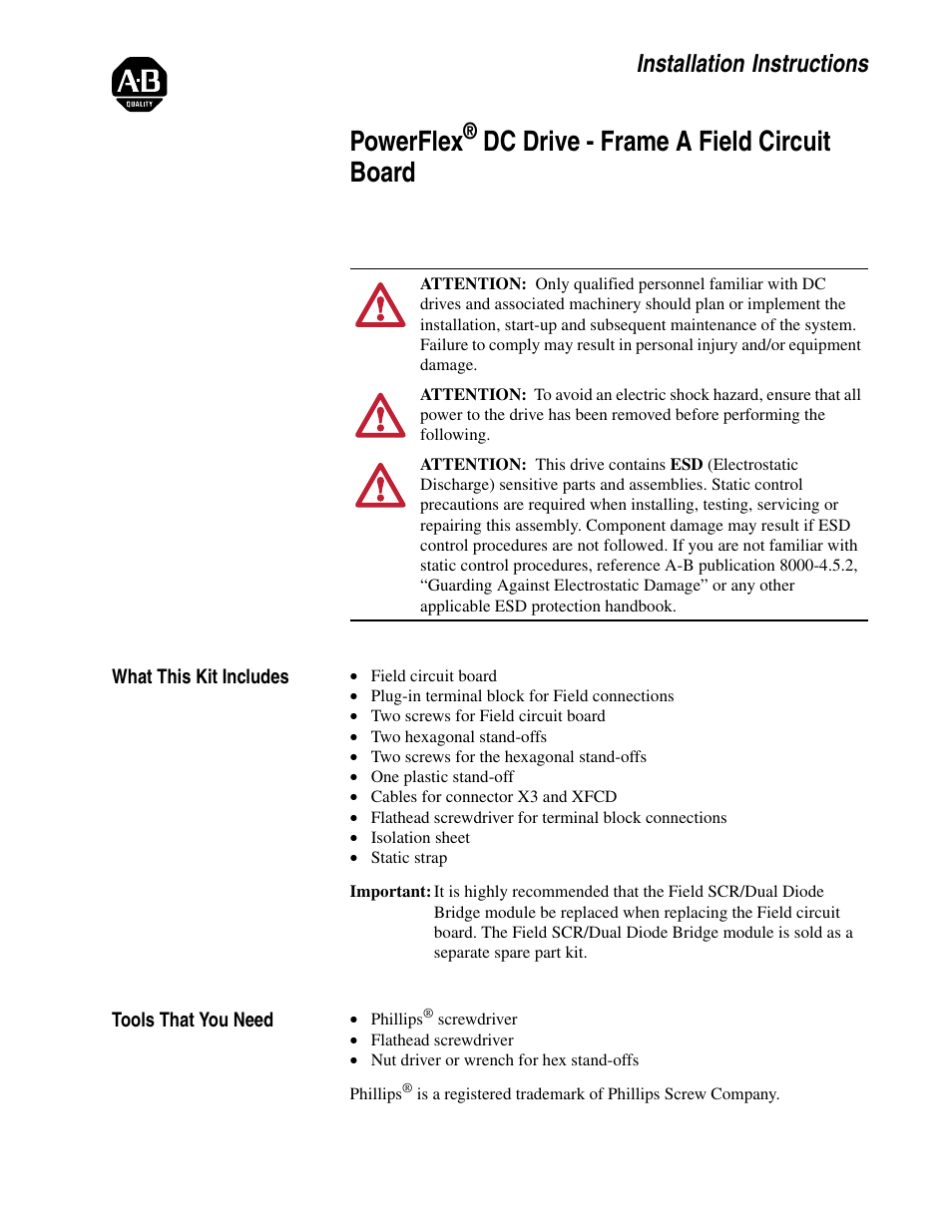 Rockwell Automation 20P PowerFlex DC Drive - Frame A Field Circuit Board User Manual | 20 pages