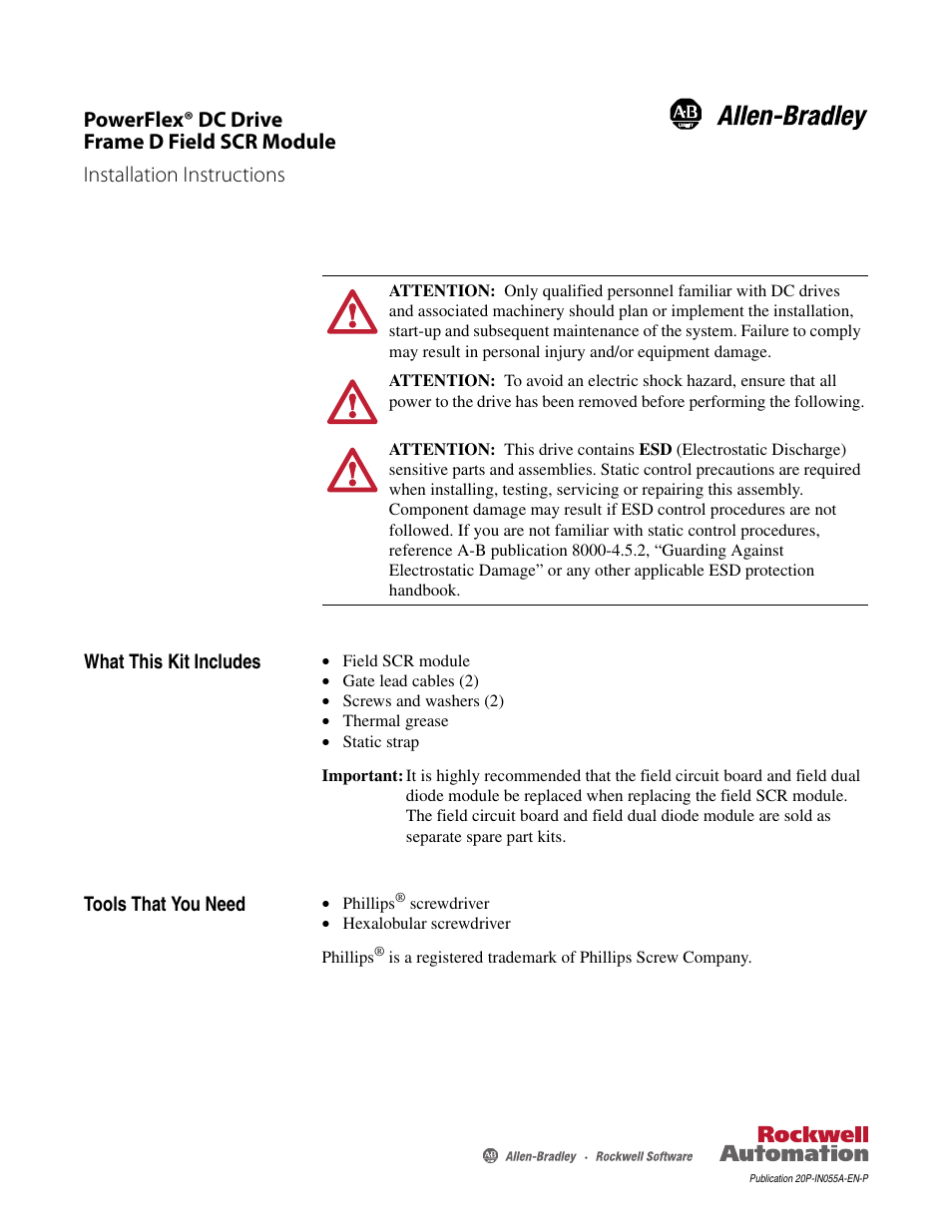 Rockwell Automation 20P PowerFlex DC Drive - Frame D Field SCR Module User Manual | 8 pages