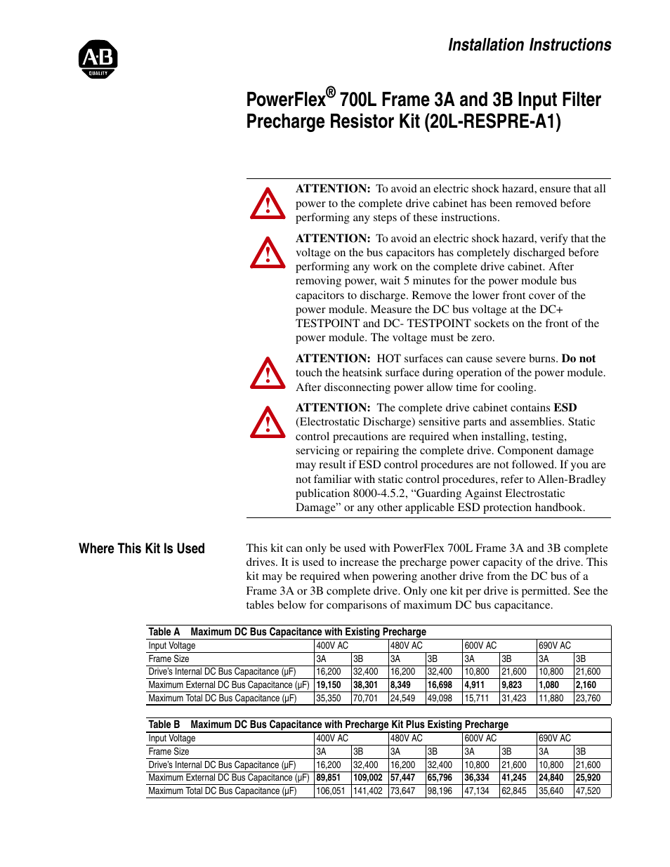 Rockwell Automation 20L-RESPRE-A1 PowerFlex 700L Frame 3A and 3B Input Filter Precharge Resistor Kit User Manual | 8 pages